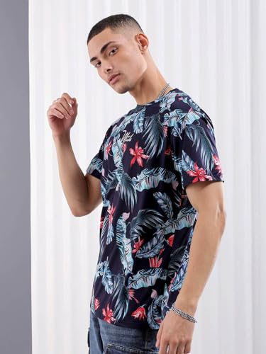 Image of The Indian Garage Co Men Slim Fit Tropical Print Round Neck Tshirt