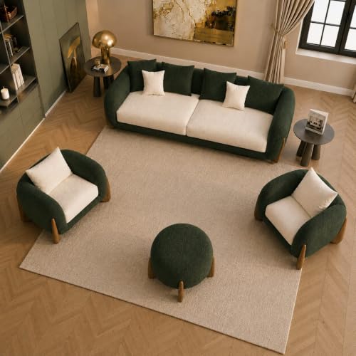 Image of Modern Boucle Sofa, Teddy Fabric, Solid Wooden Legs, for Living Room, Bedroom, Hallways (Forest Green & Off White)
