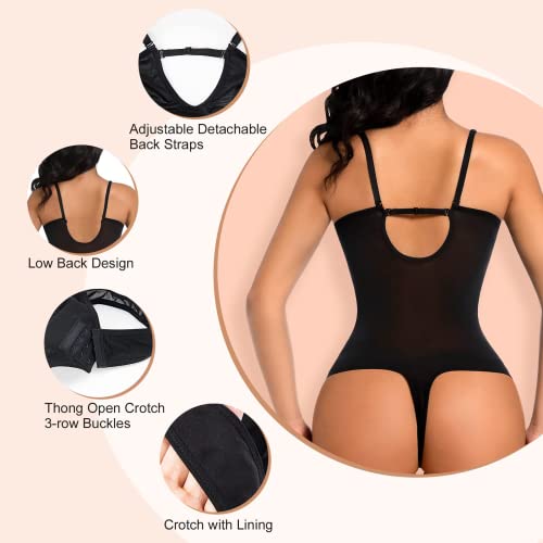 Decorus Women Thongs Shapewear Tummy Control Deep V Plunge Shapewear Backless Low Back Body Shaper Built In Bra Bodysuit #TOP2