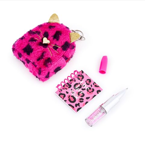 VOTUM Portachiavi con charm leopardato rosa per zaini, borse, borsette, chiavi dell'auto con set di cancelleria - Include mini quaderno, penna gel, gomma, adesivi - Regalo divertente per ragazzi e