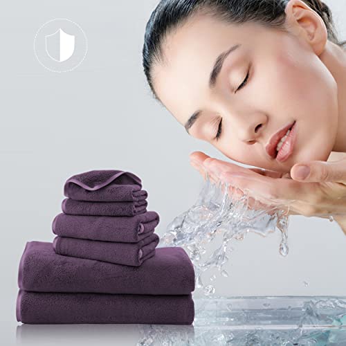 Tenstars Luxury Silk Hemming Towel Set - Light Thin Quick Drying - 2 Bath Towels 2 Hand Towels 2 Washcloths - Ultra Soft Microfiber Towel For Bath Fitness, Sports, Yoga, Travel (Grape Purple 6 Pieces) #TOP3