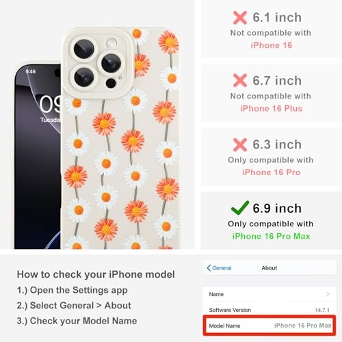 Image of Designed for iPhone 16 Pro Max Case, Cute Daisy Flower Floral Pattern Design, Slim Soft TPU Liquid Silicone Protective Cover for Women Girls - White