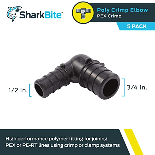 Image of SharkBite 3 /4 x 1 /2 Inch Poly Crimp 90 Degree Reducing Elbow, Pack of 5, PEX Pipe, PE-RT, UP274A5