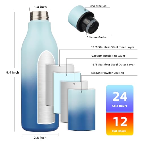Image of BJPKPK Insulated Water Bottles, 18 oz Stainless Steel Metal Water Bottle with Strap, BPA Free Leak Proof Jugs, Mugs, Flasks, Reusable Thermal Flasks for Sports & Travel, Sky
