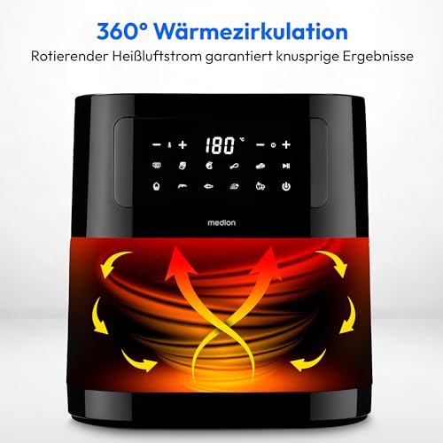 MEDION E40 XL Heißluftfritteuse (5,2 Liter, Airfryer, 2.150 Watt, 9 Automatikprogramme, Backfunktion, ölfreies Frittieren, Touch Bedienfeld, LED Anzeige) schwarz – Bild 4