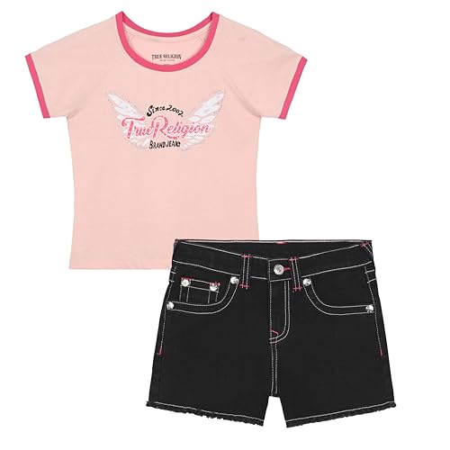 Image of True Religion Girls Jeans Shorts Set Girls Denim Short and Fashion Tee Shirt Clothing Set for Kids