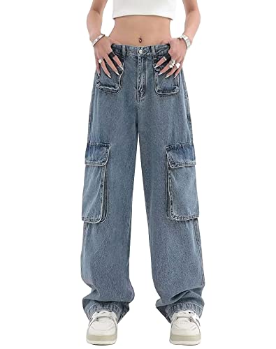 Women’s Cargo Jeans Straight Leg Denim Pants with Multi-Pocket Streetwear Denim