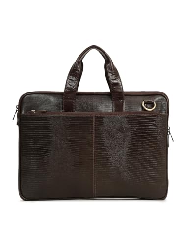Image of TEAKWOOD LEATHERS Unisex Green Lizard Leather Structured laptop Bag | BROWN