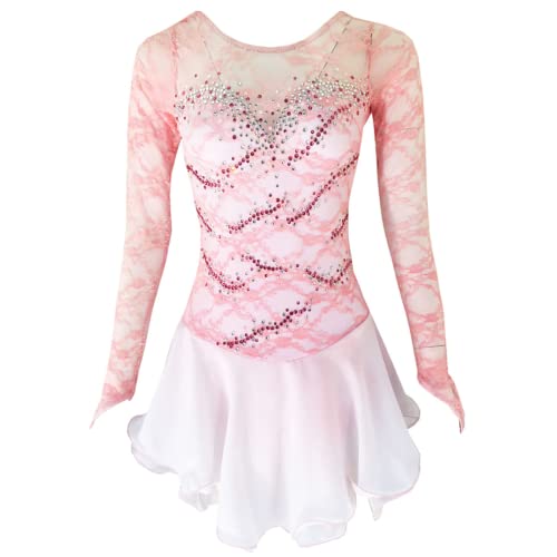 ZYDANC Pink,XXL,Professional Ice Skating Costume Lace Figure Skating Dress for Ladies Girl Training Skating Wear Handmade
