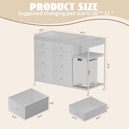 Image of 47.2 inch Nursery Dresser with 8 Drawers and Changing Table Top Baby Changing Station Dresser with 1 Open Shelf and 1 Laundry Hamper Diaper Changing Station Mobile Nursery Organizer,White