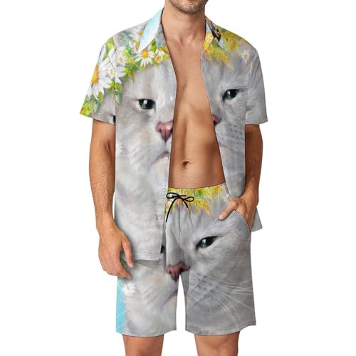 Ensemble Homme Chemise Hawaïenne Chat Papillon pour des Vacances Tropicales et Journées Plage