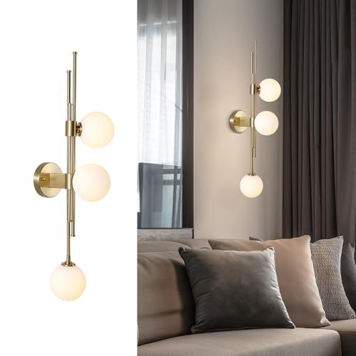 Fulesi 3-Light Globe Wall Sconces Mid Century Modern Glass Wall Light Fixtures Bathroom Vanity Lights with Snow White Glass Shade, Metal Wall Light for Bedroom Living Room (Opal White)