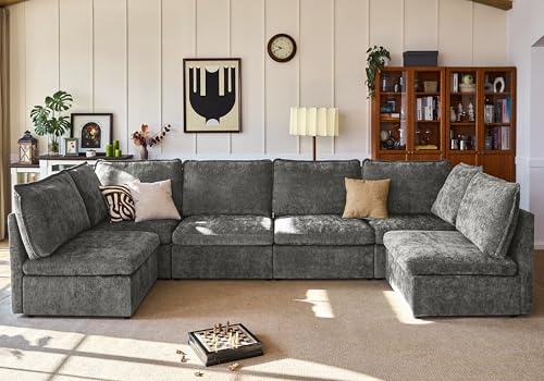 Image of Oversized Modular Sectional Sofa, Comfy Cloud Couch with Reversible Chaises Extra Deep U-Shaped Sleeper Sofa Bed for Living Room, Covers Washable, 6-Seater with 2 Corners, Chenille, Grey