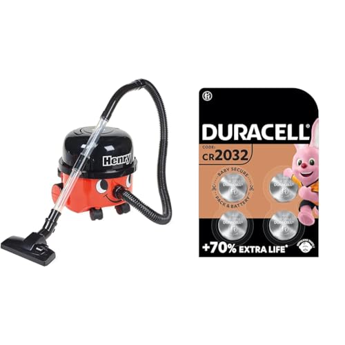 Casdon Henry & Hetty Toys - Henry Vacuum Cleaner - Red Vacuum Cleaning Toy with Real Function & DURACELL 2032 Lithium Coin Batteries 3V (4 Pack) - Up to 70% Extra Life - Baby Secure Technology