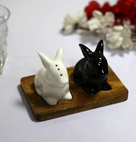 Image of KITTENS 'Hopper Duo' Handpainted Rabbit Shaped Ceramic Salt & Pepper Shaker Set - Black & White - Set of 2 - Food Grade Decorative Tableware for Dining, Kitchen & Gifting