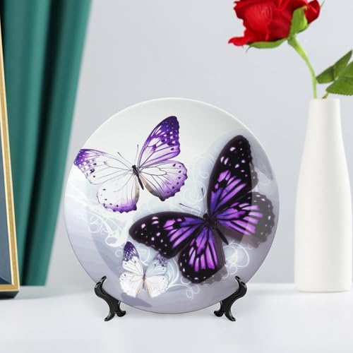 Plato decorativo de cerámica mariposas blancas y moradas 8 pulgadas miniatura 6