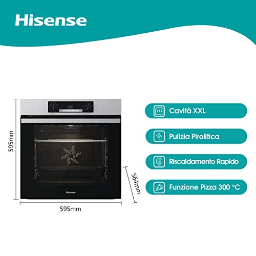 Hisense BI64211PX, Forno Multifunzione Termoventilato, Cavità XXL 77L , Auto Pulizia Pirolitica, 13 funzioni di cottura, Funzione pizza 300°C, Cottura AirFry, Cottura Multifase, Display Led - 2