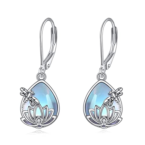 Image of Dragonfly Earrings Sterling Silver Lotus Flower Drop Earrings Moonstone Dragonfly Jewellery Lotus Gifts for Women