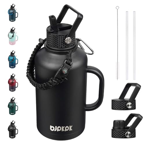 Image of BJPKPK Half Gallon Insulated Water Bottles with Straw Lid & Side Handle, 64oz Large, Stainless Steel Water Bottles with 3 Lids and Paracord Strap, Metal Water Jug,Black