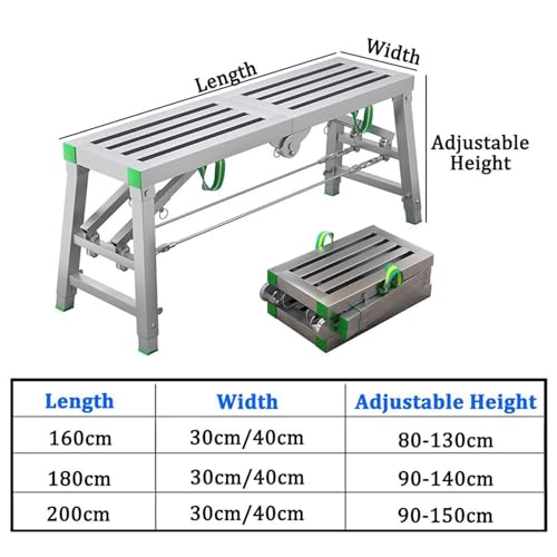 Plataforma Plegable portátil con trampilla, andamio de Trabajo, Escalera de Acero Ajustable en Altura para Lavado de Coches, Limpieza de Ventanas y Pintura, 160 x 40 cm, diseño antideslizant