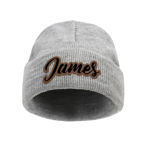 Lewari Custom Baby Beanie Hats for Girls Boys, Personalized Name Leather Patch Beanies for Kids Toddlers Adults, Infants Grey Knit Hat