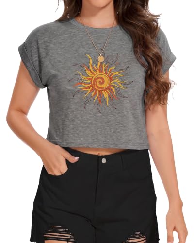 Image of Womens Crop Tops Summer Roll Cap Sleeve Cropped Tshirt Loose Fit Basic Tees