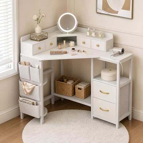Espelism Corner Vanity Desk with Charging Station 49.6 Makeup Table with Fabric Drawers & Side Pocket Space-Saving Dressing Table for Small Space Bedroom Dorm(White)