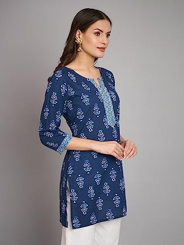Image of Rapsodia Women Cotton Navy Blue Ethnic Buti Printed Short Kurti