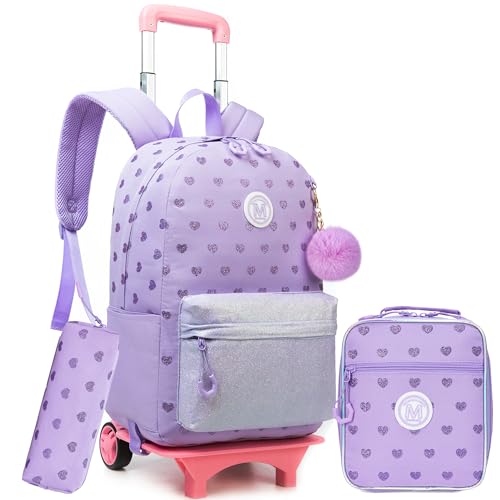 ZBAOGTW Rolling Backpack for Girls Purple Backpack with Wheels for School Backpacks Set for Teen Backpack with Wheels for Kids Travel Backpack for School Student Trip with Lunch Box