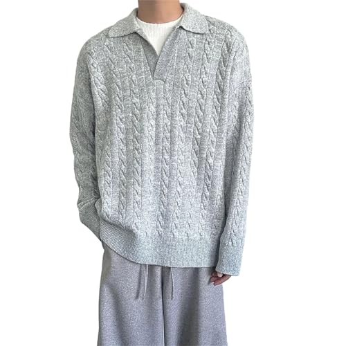 Mens Cable Plain Knit Sweater Fashion Long-Sleeve Top Lapel Casual Pullovers