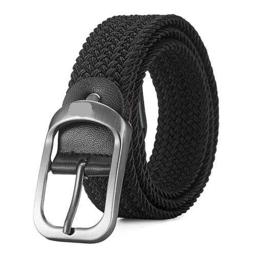 Straw Boho Belt Woven Elastic Belt Men Alloy Pin Buckle Waist Straps Belts(Black)