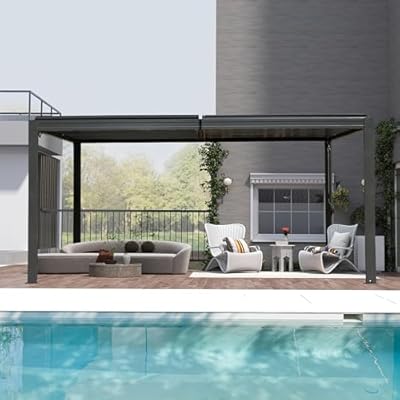 Domi 10' x 16' Louvered Pergola, Outdoor Aluminum Pergola with Adjustable Galvanized Steel Roof & Efficient Drainage System, Rainproof Pergola for Patio, Garden, and Backyard, Dark Grey