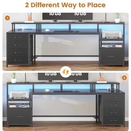 Image of SEDETA 75'' Computer Desk with 5 Drawer, Power Outlet & Led Lights, Home Office Desk with File Drawer, Storage Shelves, Printer Cabinet and Monitor Shelf, 23.6 inch W Large Desktop Gaming Desk, Black