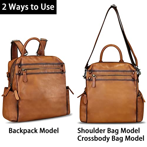 Image of Genuine Leather Backpack for Women Convertible Design Shoulder Bag Vintage Casual Daypack Knapsack Rucksack Purse (Brown)