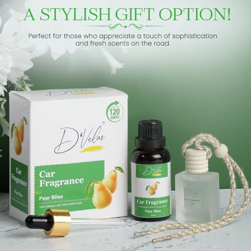 Image of D'Velas 40ml Car Fragrance Diffuser Set - Long-Lasting Upto 120 Days | Pear Bliss | No Paraben | Elegant 10ml Wooden Lid Bottle with 30ml Refill | Perfume Diffuser | Odor Eliminator for Car Interior