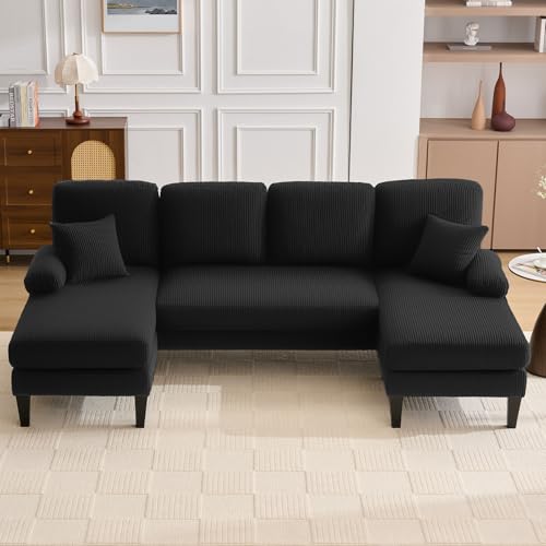 Image of 98 inch Sectional Couches for Living Room, U Shaped Couch with 18 inch Seat Height, 4 Seater Couch Set with Double Chaise for Apartment, Living Room Sofas, Corduroy, Black