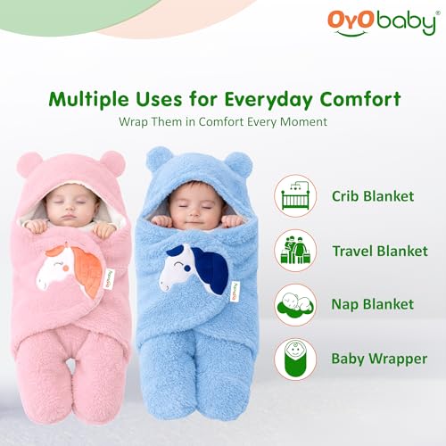 Image of OYO BABY Newborn Blanket Combo Pack of 2 | Hooded Sleeping Bag & Baby Wrapper Set | Super Soft Micro Fleece | Lightweight Yet Warm | Daily Use | 0-6 Months | Pink & Blue