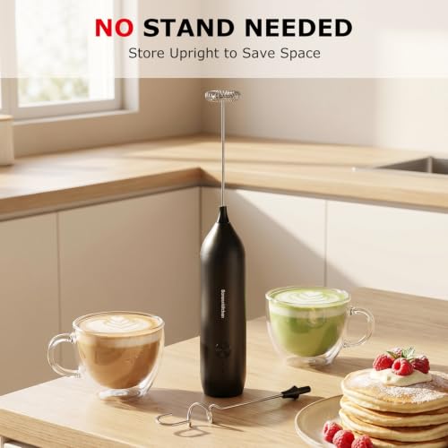 Image of Bonsenkitchen Rechargeable Milk Frother Handheld, Electric Foam Maker with Stainless Steel Whisk, Charging USB-C, Portable Hand Wand Drink Mixer for Coffee Matcha Lattes Cappuccino, Kitchen Gifts