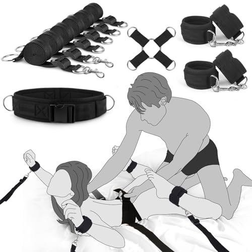 BDSM Bondage Sex Toys Restraints Bed Restraints Sex Straps Set with Adjustable Handcuffs Ankle Cuff Cross Waist Strap Hogtie Set Bondage Gear & Accessories Sex Sling for Adult Couples Sex Games