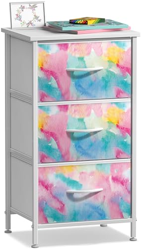 Sorbus Kids Dresser with 3 Drawers - Storage Chest Organizer Nightstand - Steel Frame, Wood Top, Tie-Dye Fabric Bins for Clothes - Wide Furniture for Bedroom, Hallway, Nursery, Closet, & Apartment -  DRW-3D-TID5