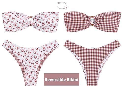 Image of ZAFUL Women's Bandeau Bikini O Ring Strapless Tie Back High Cut Two Piece Swimsuit Bathing Suits