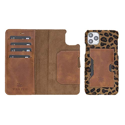 Venito Florence Leather Wallet Phone Case Compatible with iPhone 12 (6.1 inch), iPhone 12 Pro (6.1 inch) - Extra Secure with RFID Blocking - Detachable Phone Wallet (Furry Leopard)