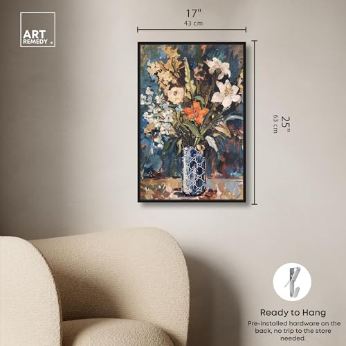 Image of Art Remedy Blue Floral Vase Canvas Floral Vase Wall Art, Black Frame, 16 inch x 24 inch