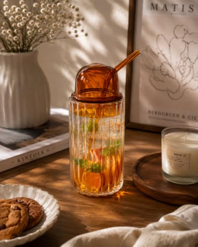 Image of Premium Ribbed Glass Tumbler with Glass Lid & Straw | Borosilicate Drinking Glass for Iced Coffee, Juice, Smoothies & Cold Beverages | Lightweight Aesthetic Glass Cup (Amber Tumbler)
