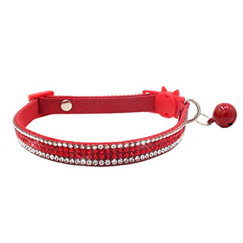 THAIN Basic Adjustable Cat Collar Bling Diamond Breakaway with Bell for Kitten Girl boy (Red)