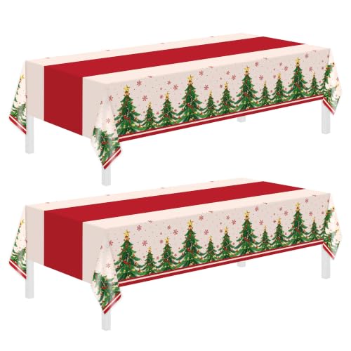 Childom 2 Pack Christmas Tablecloths,Christmas Party Decoration,54 x 108 Inch,Disposable Plastic Table Cloths Rectangular for Party Supplies,Xmas Tree Table Cover for Home,Dinner,Indoor,Outdoor,Picnic
