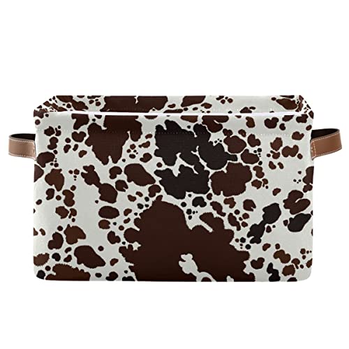 Image of xigua Cow Print Storage Basket Collapsible Toy Storage Bins Waterproof Canvas Storage Basket with Leather Handles for Home Closets Offices,Bedrooms,Toy and Gift Baskets,1PCS
