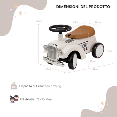 Baroni Toys Vintage Rutschfahrzeug für Kinder von 12 bis 36 Monaten, Retro Rutschauto mit Hupe, Staufach, Lenkstange und stabilen Rädern zum Laufenlernen, 25x59x35 cm (Weiß) – Bild 3