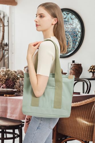 Image of TeeYee 16oz Canvas Tote Bag Casual Multi pockets Handbags Large Capacity Shopping Shoulder Bag with Pocket Bags Work Purses