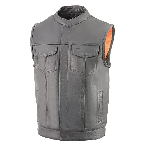 Milwaukee Soa Men's Naked Cowhide Leather Vest Zipper & Snap Front W/ 2 Inside Gun Pockets & Single Panel Back (X-Large) #TOP3
